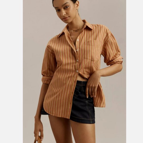 Anthropologie Maeve The Bennet Buttondown Shirt Brown Stripe MP NWT Oversize M P - Picture 1 of 8